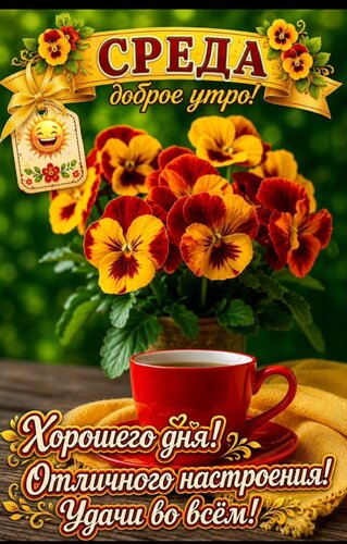 Открытка Среда, доброе утро, хорошего дня, отличного настроения, удачи во всём