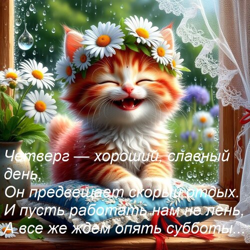 Открытка Четверг — хороший, славный день, Он предвещает скорый отдых. И пусть работать нам не лень, А все же