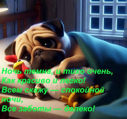 Открытка Ночь темна, и тихо очень, Как красиво и легко! Всем скажу — спокойной ночи, Все заботы — далеко!