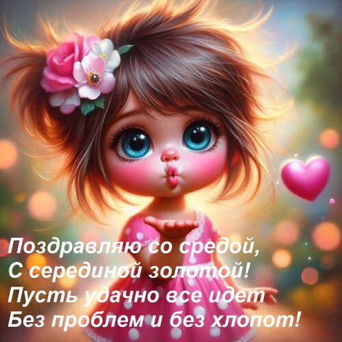Открытка Поздравляю со средой, С серединой золотой! Пусть удачно все идет Без проблем и без хлопот!