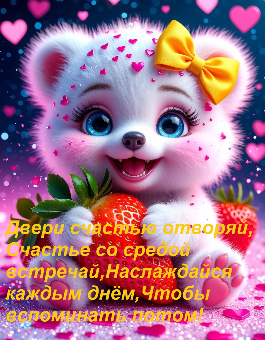 Открытка Двери счастью отворяй, Счастье со средой встречай, Наслаждайся каждым днём, Чтобы вспоминать потом!