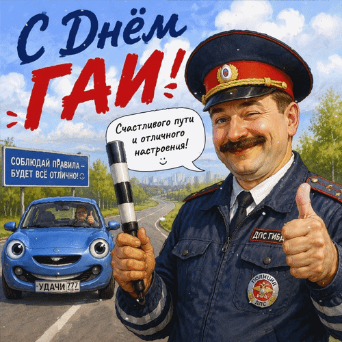Анимированная открытка С Днём ГАИ! Соблюдай правила - будет всё отлично! Счастливого пути и отличного настроения!