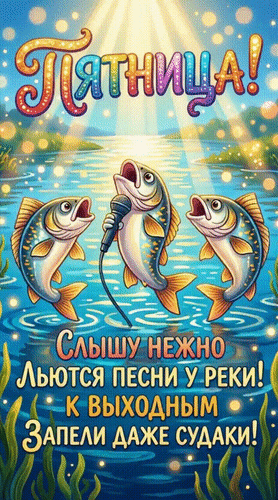 Анимированная открытка Пятница! Слышу нежно льются песни у реки! К выходным запели даже судаки!
