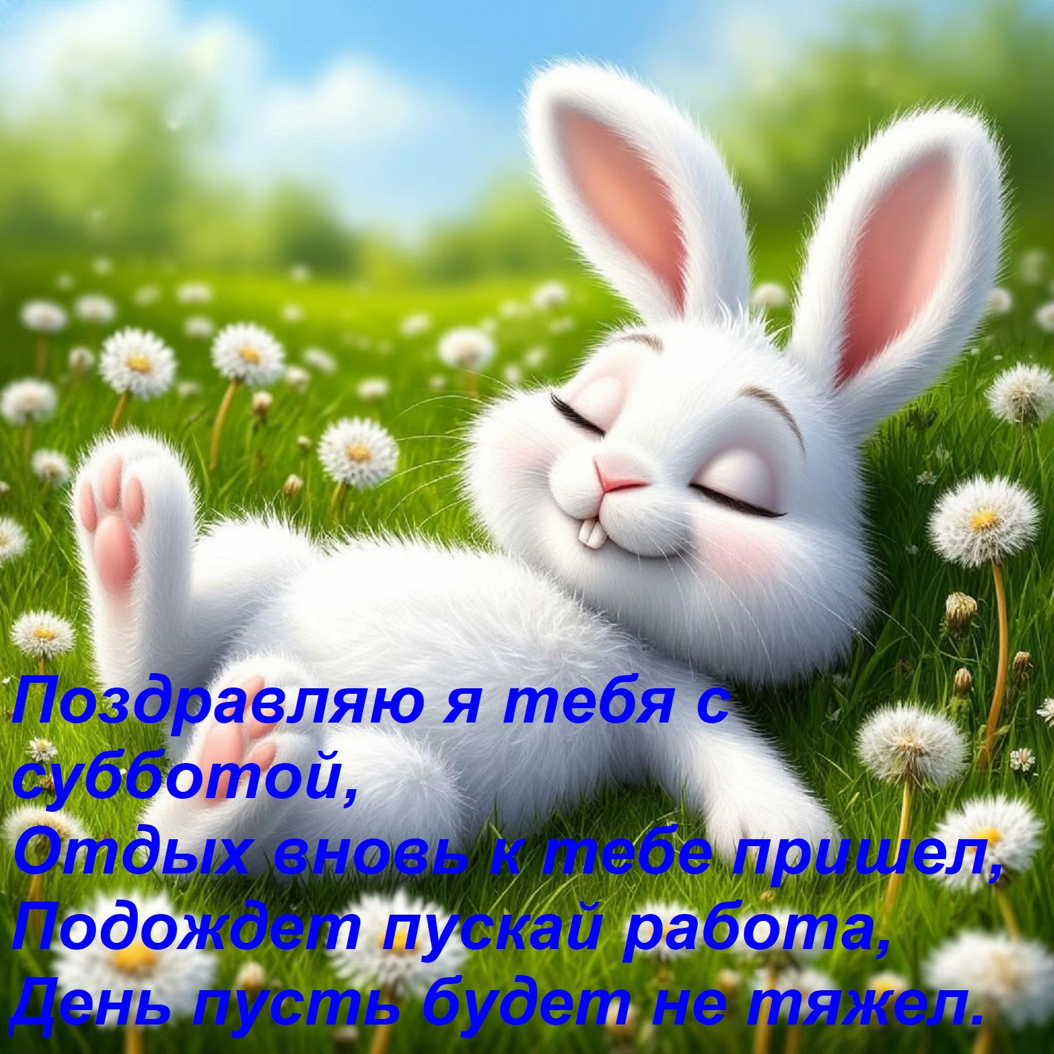 Открытка Поздравляю я тебя с субботой, Отдых вновь к тебе пришел, Подождет пускай работа, День пусть будет не