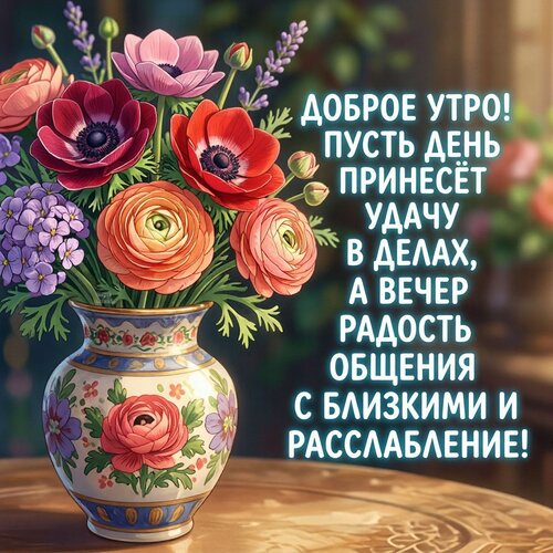 Открытка Доброе утро! Пусть день принесёт удачу в делах, а вечер радость общения с близкими и расслабление!