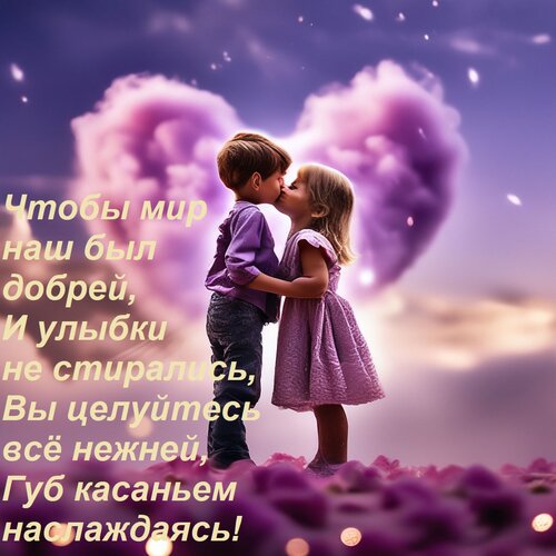 Открытка Чтобы мир наш был добрей, И улыбки не стирались, Вы целуйтесь всё нежней, Губ касаньем наслаждаясь!