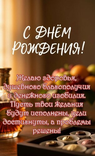 Открытка С днём рождения. Желаю здоровья, душевного благополучия и денежного изобилия