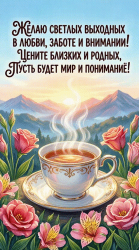Анимированная открытка Желаю светлых выходных в любви, заботе и внимании! Цените близких и родных, пусть будет мир и понима