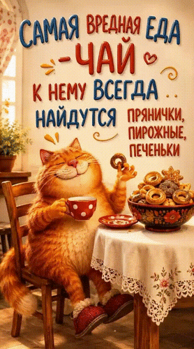 Анимированная открытка Самая вредная еда - чай. К нему всегда найдутся прянички, пирожные, печеньки.