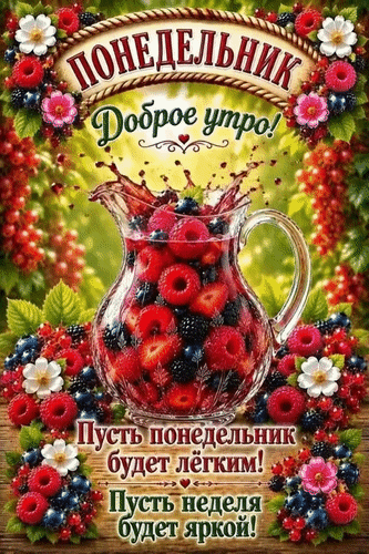 Анимированная открытка Понедельник. Доброе утро! Пусть понедельник будет лёгким! Пусть неделя будет яркой!