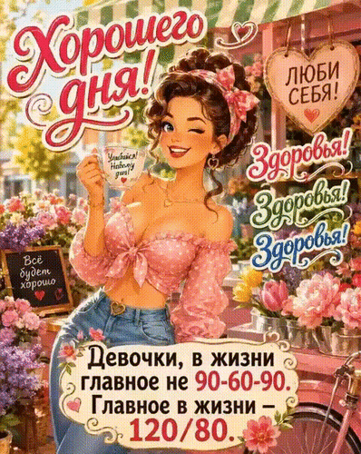 Анимированная открытка Хорошего дня! Люби себя! Здоровья! Девочки, в жизни главное не 90-60-90. Главное в жизни - 120\80.