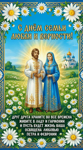 Анимированная открытка С днём семьи, любви и верности! Друг друга храните во все времена. Живите в ладу и гармонии. И пусть