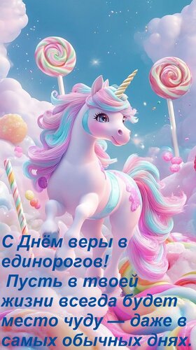 Открытка С Днём веры в единорогов! Пусть в твоей жизни всегда будет место чуду — даже в самых обычных днях.