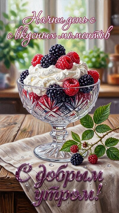 Открытка Красивая 3D-открытка с десертом из ягод, сливок и пожеланием доброго утра.