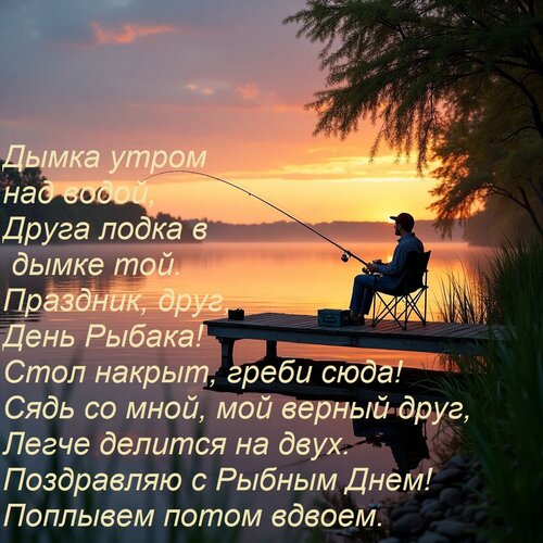 Открытка Дымка утром над водой, Друга лодка в дымке той. Праздник, друг, День Рыбака! Стол накрыт, греби сюда