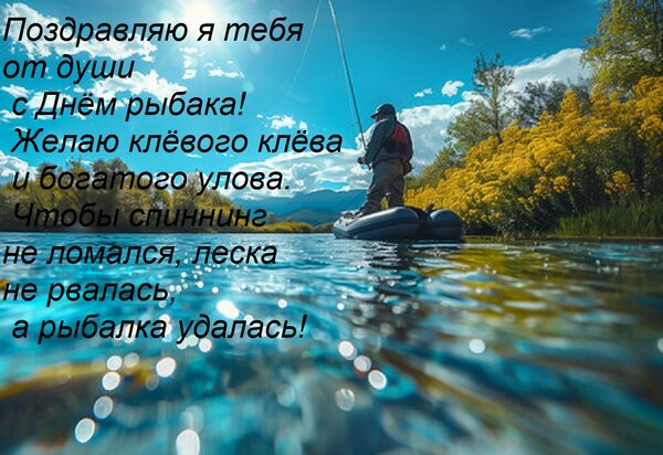 Открытка Поздравляю я тебя от души с Днём рыбака! Желаю клёвого клёва и богатого улова. Чтобы спиннинг не л