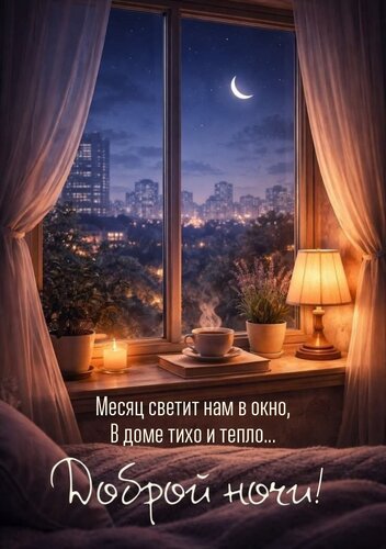 Открытка Месяц светит нам в окно, В доме тихо и тепло...