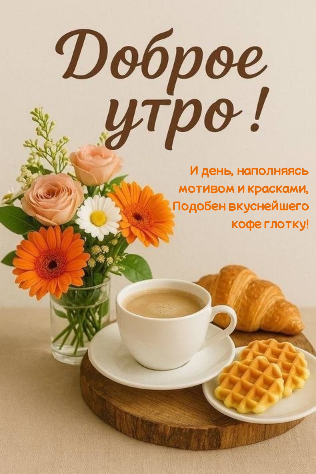 Открытка И день наполняясь мотивом и красками, Подобен вкуснейшего кофе глотку!