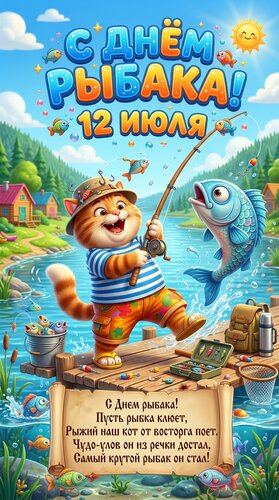 Открытка Яркая открытка со смешным рыжим котом-рыбаком к 12 июля! Отличный улов и праздничное настроение.