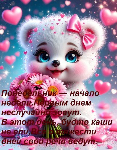 Открытка Понедельник — начало недели. Первым днем неслучайно зовут. В этот день, будто каши не ели, Все о тяж