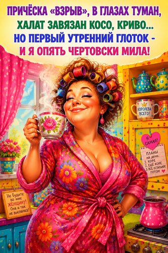 Открытка Причёска «взрыв», халат набекрень, в глазах туман... Позитив с утра.