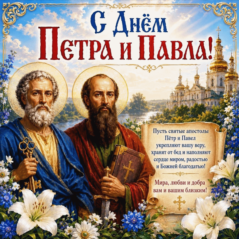 Анимированная открытка С Днём Петра и Павла! Мира, любви и добра вам и вашим близким! Пусть святые апостолы Пётр и Павел