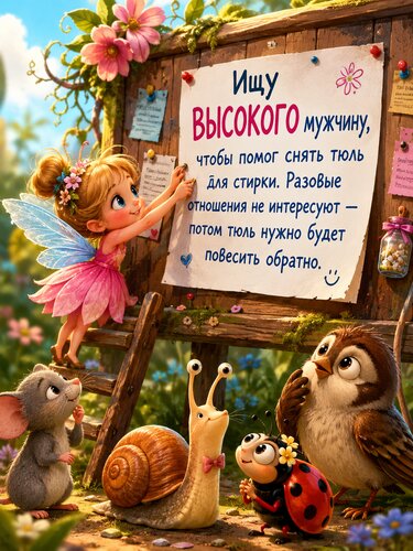 Открытка Маленькая фея ищет высокого помощника. Юмор, милота и сказочные друзья!