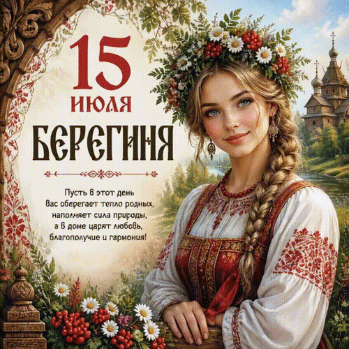 Анимированная открытка 15 июля Берегиня Пусть в этот день вас оберегает тепло родных, наполняет сила природы, а в доме цар