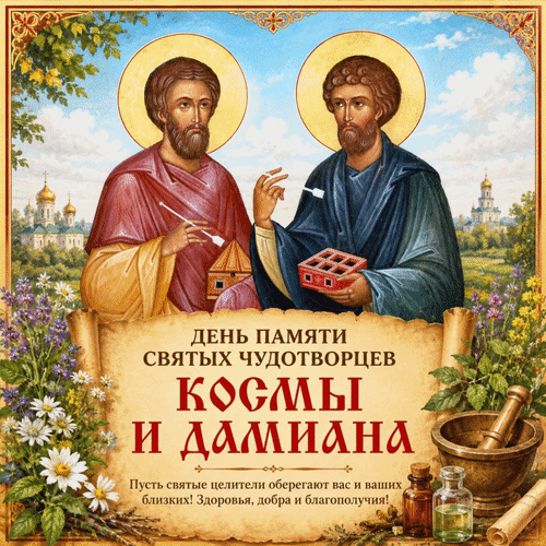 Анимированная открытка День памяти святых чудотворцев Космы и Дамиана. Пусть святые целители оберегают вас и ваших близких!