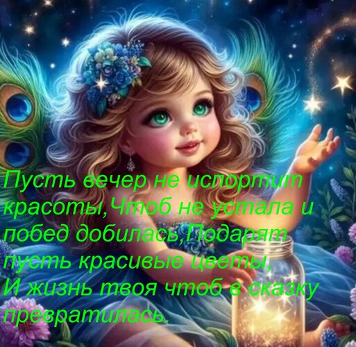 Открытка Пусть вечер не испортит красоты, Чтоб не устала и побед добилась, Подарят пусть красивые цветы, И жи