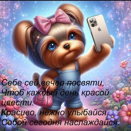 Открытка Себе сей вечер посвяти, Чтоб каждый день красой цвести. Красиво, нежно улыбайся, Собой сегодня насла