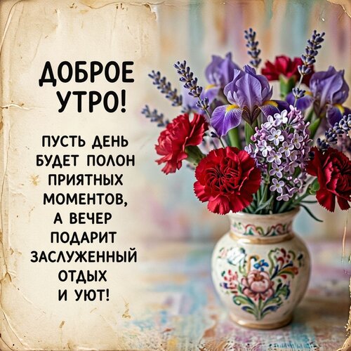 Открытка Доброе утро! Пусть день будет полон приятных моментов, а вечер подарит заслуженный отдых и уют!