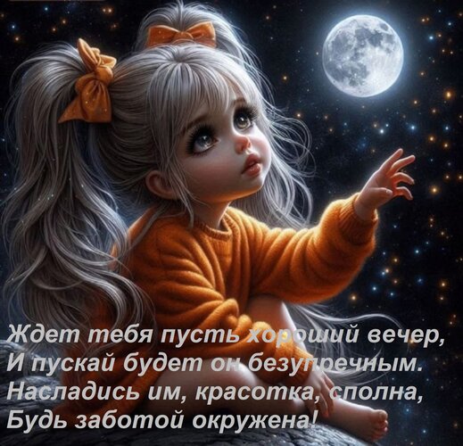 Открытка Ждет тебя пусть хороший вечер, И пускай будет он безупречным. Насладись им, красотка, сполна, Будь з