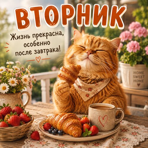 Открытка Вторник Жизнь прекрасна особенно после завтрака!