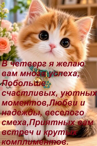 Открытка В четверг я желаю вам много успеха, Побольше счастливых, уютных моментов, Любви и надежды, веселого