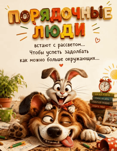 Анимированная открытка Порядочные люди встают с рассветом... Чтобы успеть задолбать как можно больше окружающих...