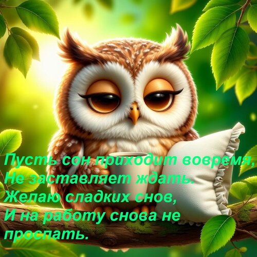 Открытка Пусть сон приходит вовремя, Не заставляет ждать. Желаю сладких снов, И на работу снова не проспать.