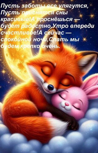 Открытка Пусть заботы все улягутся, Пусть приснятся сны красивые! А проснёшься — будет радостно, Утро впереди