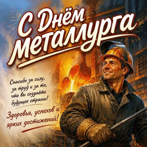 Анимированная открытка С Днём металлурга. Спасибо за силу, за труд и за то, что вы создаёте будущее страны! Здоровья, успех