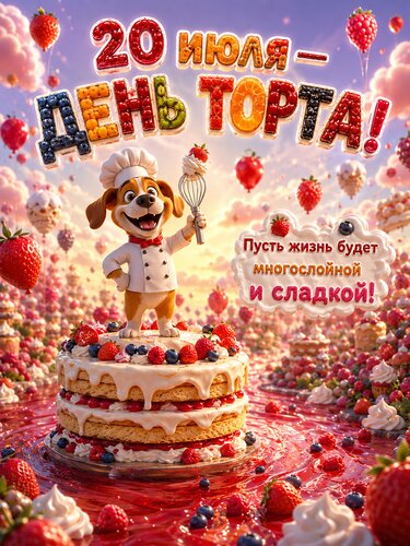 Открытка 20 июля — День торта! Пусть жизнь будет многослойной и сладкой!