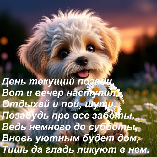 Открытка День текущий позади, Вот и вечер наступил, Отдыхай и пой, шути. Позабудь про все заботы, Ведь немног