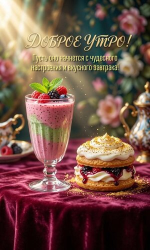 Открытка Доброе утро! Пусть оно начнется с чудесного настроения и вкусного завтрака!