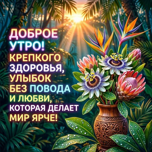 Открытка Доброе утро! Крепкого здоровья, улыбок без повода и любви, которая делает мир ярче!