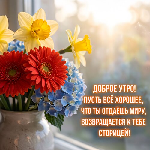 Открытка Доброе утро! Пусть всё хорошее, что ты отдаёшь миру, возвращается к тебе сторицей!