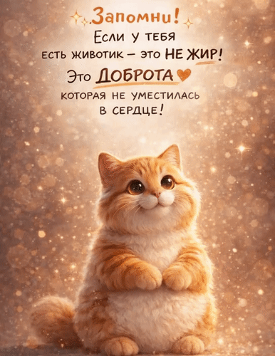 Анимированная открытка Запомни! Если у тебя есть животик - это не жир! Это доброта, которая не уместилась в сердце!