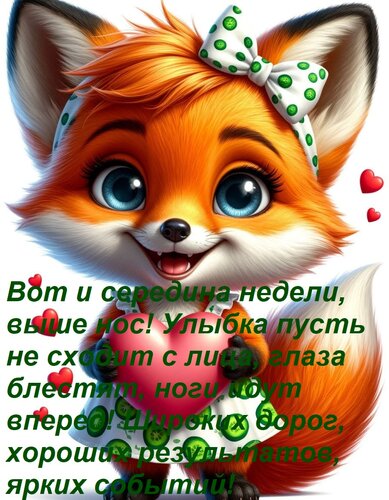 Открытка Вот и середина недели, выше нос! Улыбка пусть не сходит с лица, глаза блестят, ноги идут вперед! Ш