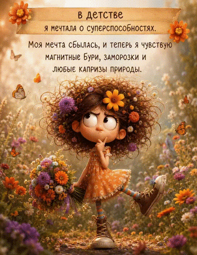 Анимированная открытка В детстве я мечтала о суперспособностях. Моя мечта сбылась и теперь я чувствую магнитные бури, замор