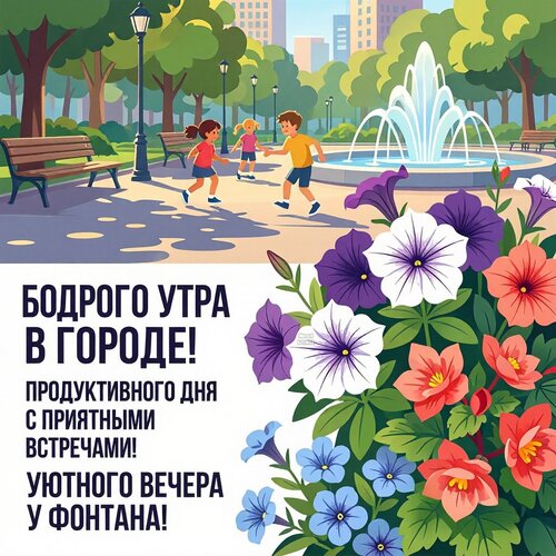 Открытка Бодрого утра в городе! Продуктивного дня с приятными встречами! Уютного вечера у фонтана!