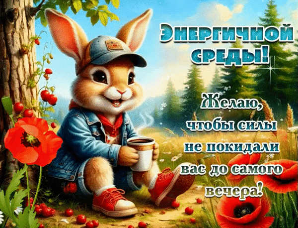 Анимированная открытка Энергичной среды! Желаю, чтобы силы не покидали вас до самого вечера!