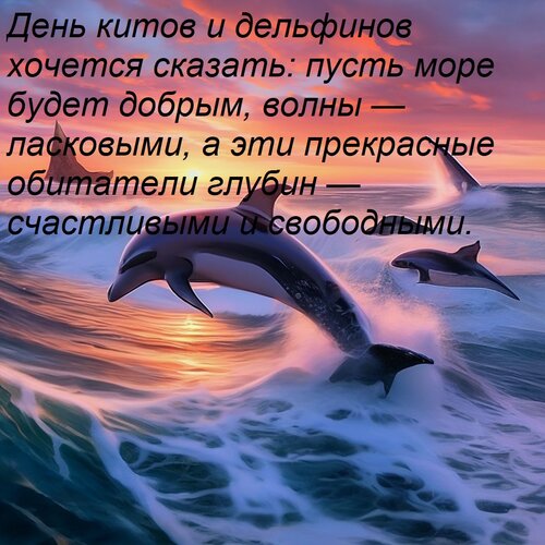 Открытка День китов и дельфинов хочется сказать: пусть море будет добрым, волны — ласковыми, а эти прекрасные